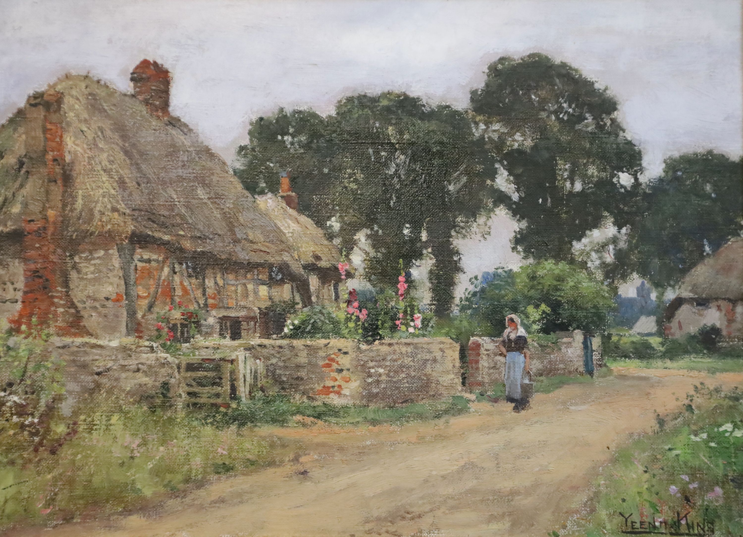Miss Lilian Yeend-King (Mrs Freemantle b.1882) Woman passing a thatched cottage and woman feeding geese beside a timbered house 11 x 15
